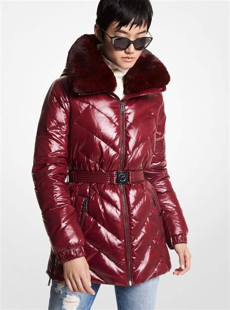 Faux Fur Trim Quilted Belted Puffer Jacket 